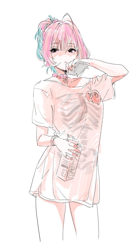 bangs blue_hair bottomless cellphone collar goshiki_suzu heart idolmaster idolmaster_cinderella_girls milk_carton multicolored_hair phone pink_hair shirt short_hair short_ponytail short_sleeves sketch smartphone t-shirt two-tone_hair yumemi_riamu