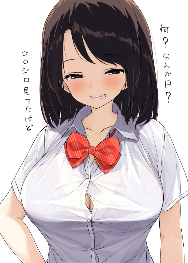 1girl blush bow bowtie bra bra_through_clothes breasts brown_hair bursting_breasts cleavage collarbone collared_shirt commentary_request embarrassed grin kaisen_chuui large_breasts long_hair looking_at_viewer original polka_dot polka_dot_bra red_bow red_neckwear school_uniform see-through shirt short_sleeves simple_background smile solo striped striped_bow striped_neckwear translation_request unbuttoned unbuttoned_shirt underwear upper_body violet_eyes white_background white_shirt wing_collar