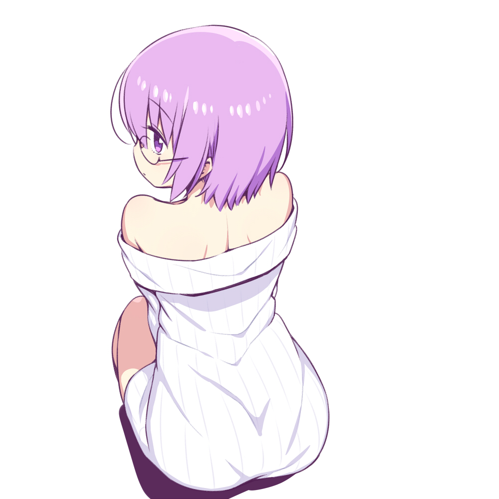 1girl ass back bare_shoulders chan_co dress eyebrows_visible_through_hair fate/grand_order fate_(series) from_above from_behind full_body glasses long_sleeves looking_at_viewer looking_back mash_kyrielight off-shoulder_dress off-shoulder_sweater off_shoulder profile purple_hair ribbed_sweater short_hair shoulder_blades simple_background solo squatting sweater sweater_dress violet_eyes white_background white_sweater