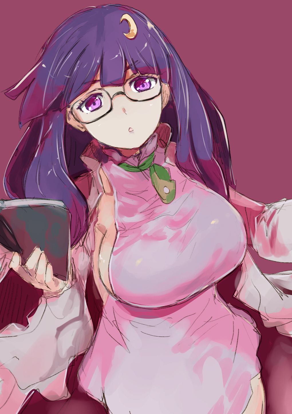 1girl alternate_costume book breasts crescent crescent_hair_ornament crescent_moon glasses hair_ornament highres large_breasts moon patchouli_knowledge purple_background purple_hair sideboob touhou violet_eyes yohane