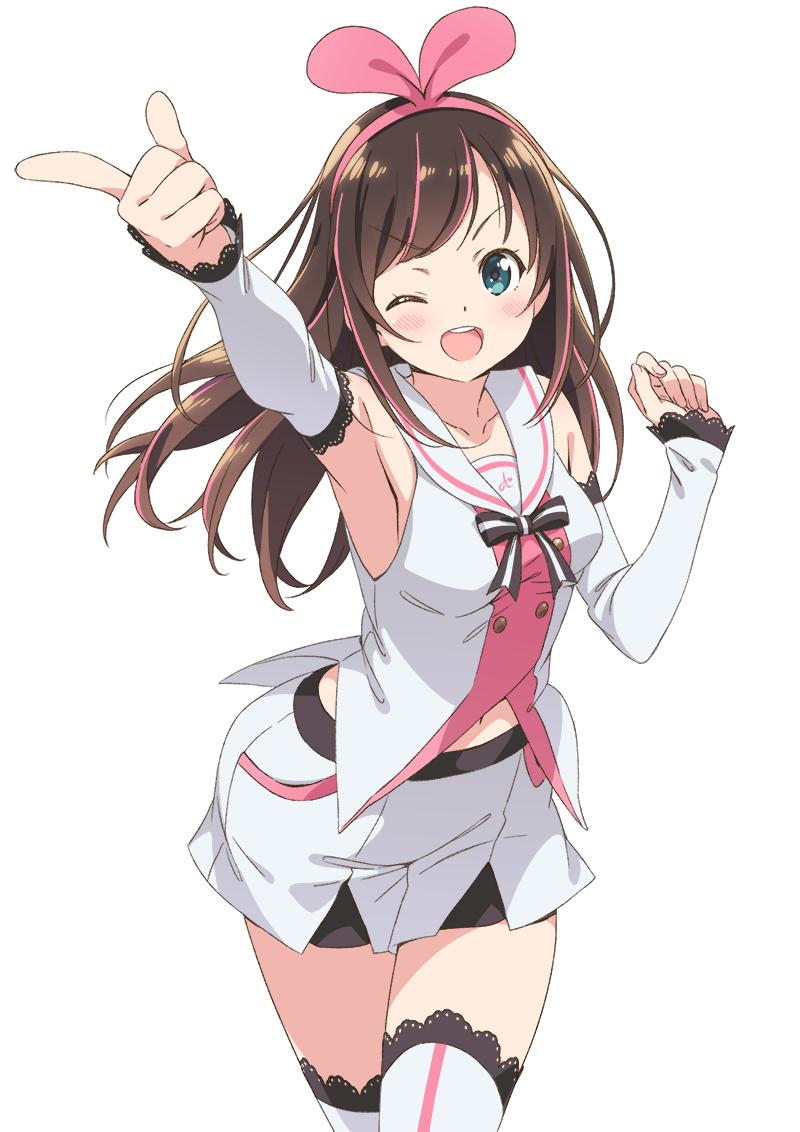 1girl ;d a.i._channel armpits bare_shoulders blue_eyes bow breasts brown_hair cowboy_shot detached_sleeves hairband kanzaki_hiro kizuna_ai long_hair looking_at_viewer medium_breasts multicolored_hair navel one_eye_closed open_mouth pink_hair sailor_collar shorts simple_background sleeveless smile solo streaked_hair thigh-highs virtual_youtuber white_background