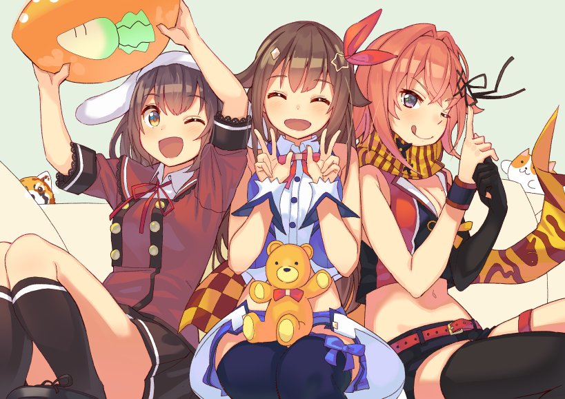 3girls ankimo_(tokino_sora_channel) bangs black_legwear black_shorts black_skirt blue_shirt blue_skirt blush bow breasts brown_eyes brown_hair cat cleavage closed_eyes closed_mouth commentary couch cowboy_shot double_v facing_viewer futabach._sarugakuchou_futaba hair_between_eyes hair_bow hibiki_ao hibiki_ao_(character) holding holding_pillow leg_garter long_hair looking_at_viewer miniskirt multiple_girls navel on_couch one_eye_closed open_mouth pillow red_bow red_shirt redhead sarugakuchou_futaba scarf shirt shorts single_thighhigh sitting skirt sleeveless smile stuffed_animal stuffed_toy tanuki teddy_bear thigh-highs thighs tokino_sora tokino_sora_channel tonari_no_kai_keruberosu tongue tongue_out v violet_eyes virtual_youtuber watanuki-san_chi_no zettai_ryouiki