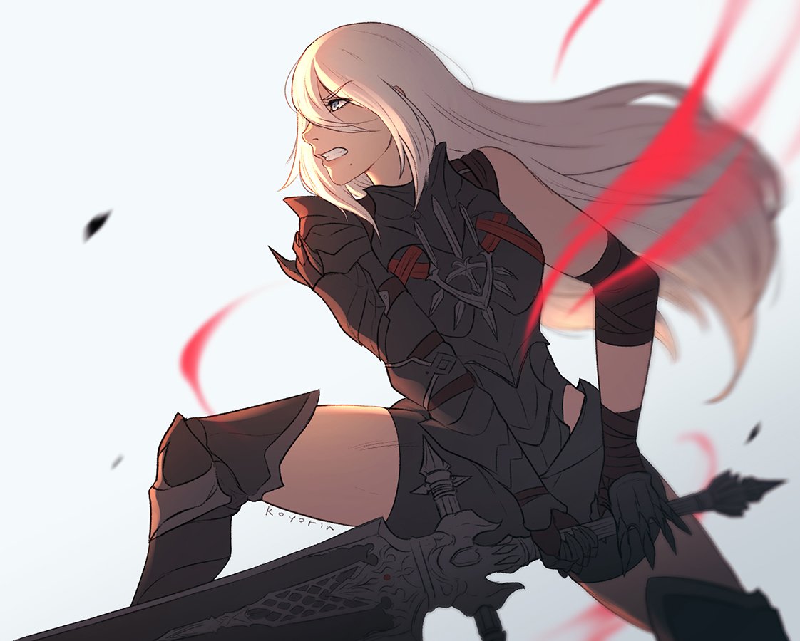 1girl android angry armor aura black_armor clenched_teeth dark_knight_(final_fantasy) elbow_gloves final_fantasy final_fantasy_xiv from_side gloves greatsword holding holding_sword holding_weapon koyorin long_hair looking_afar nier_(series) nier_automata robot_joints silver_hair simple_background solo sword teeth thigh-highs weapon yorha_type_a_no._2