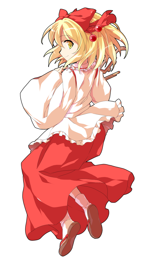 1girl alphes_(style) blonde_hair bow commentary_request dairi erhu eyebrows_visible_through_hair frills from_behind hair_bow hair_ornament instrument long_skirt long_sleeves looking_at_viewer looking_back medium_hair parody red_bow red_skirt sandals satsuki_rin shirt skirt smile socks solo style_parody tachi-e touhou transparent_background white_shirt wide_sleeves yellow_eyes