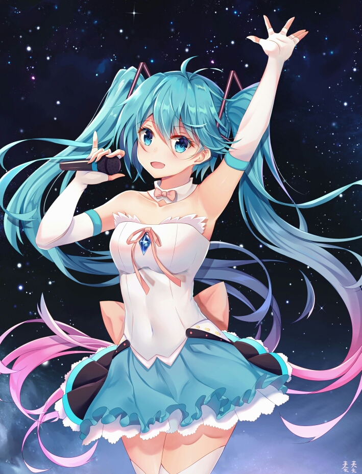 1girl ahoge aqua_eyes aqua_hair arm_up collar covered_navel cowboy_shot elbow_gloves fingerless_gloves gloves gradient_hair hatsune_miku long_hair looking_at_viewer microphone multicolored_hair open_mouth pink_hair pinky_out skirt sky solo star_(sky) starry_sky thigh-highs twintails very_long_hair vocaloid white_gloves