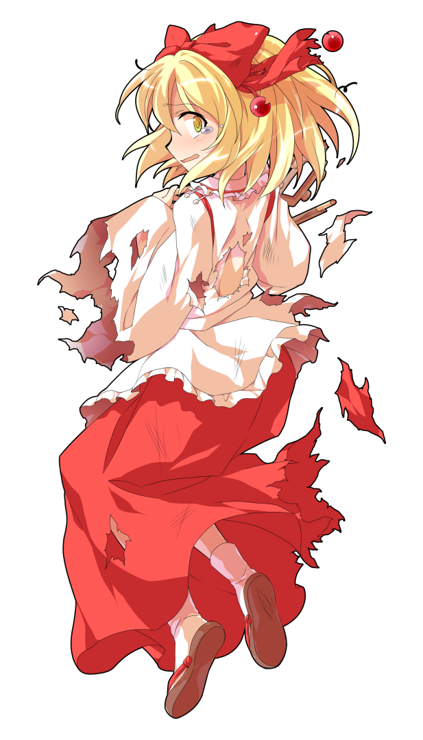1girl alphes_(style) blonde_hair bow dairi dirty_clothes erhu frills from_behind hair_bow hair_ornament instrument long_skirt long_sleeves looking_at_viewer looking_back open_mouth parody red_bow red_skirt sandals satsuki_rin shirt skirt socks solo style_parody tachi-e tears torn_clothes torn_shirt torn_skirt touhou transparent_background white_shirt wide_sleeves yellow_eyes