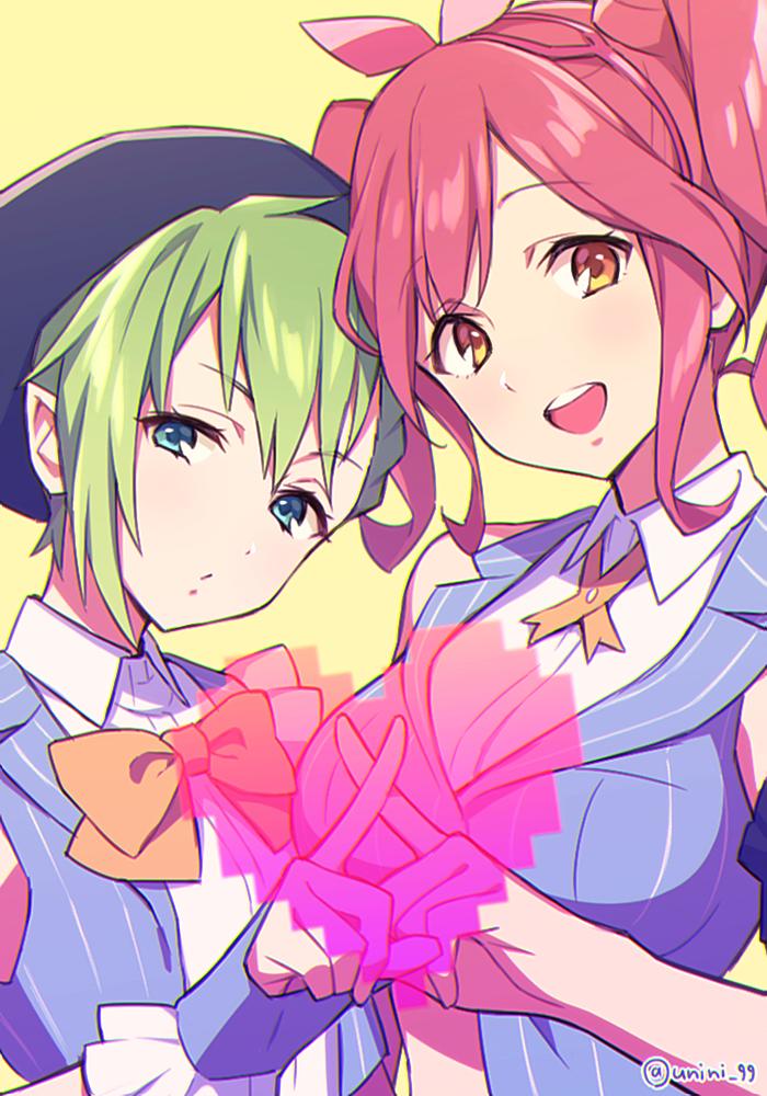 2girls :d :t agata_(agatha) bandanna bare_shoulders blue_dress blue_eyes bow bowtie breasts brown_eyes dress eyebrows_visible_through_hair gloves green_hair hair_ribbon hat looking_at_viewer macross macross_delta makina_nakajima multiple_girls necktie open_mouth pink_hair pink_ribbon pointy_ears pout reina_prowler ribbon shirt short_hair short_hair_with_long_locks sidelocks sleeveless sleeveless_shirt smile striped striped_dress teeth twintails twitter_username white_shirt x_fingers yellow_background