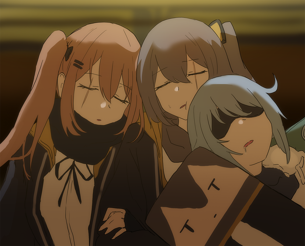 3girls bangs blurry blurry_background brown_hair closed_eyes eyebrows_visible_through_hair g11_(girls_frontline) girls_frontline grey_hair hair_between_eyes hair_ornament hairclip jacket long_hair mmm_(ji1945) multiple_girls parted_lips scar scar_across_eye scarf side_ponytail sleeping twintails ump45_(girls_frontline) ump9_(girls_frontline)