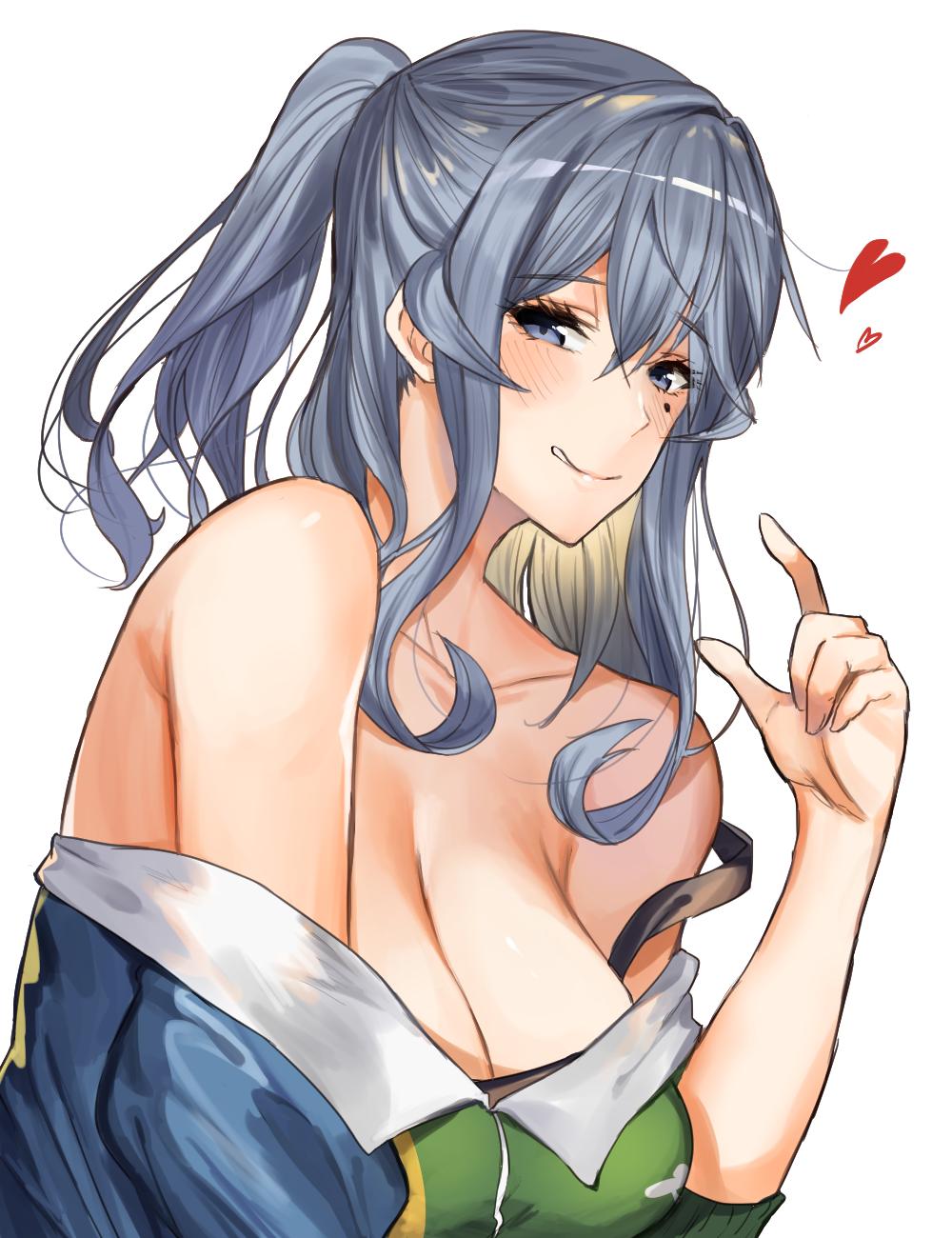 1girl alternate_costume amakaze blue_eyes blue_hair blush breasts cleavage eyebrows_visible_through_hair gotland_(kantai_collection) grin hair_between_eyes hand_up heart highres jacket kantai_collection long_hair looking_at_viewer mole mole_under_eye off_shoulder ponytail simple_background smile solo tareme white_background