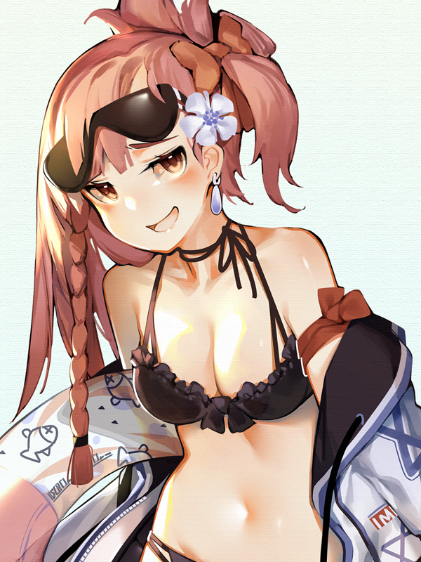 1girl alternate_hairstyle bangs bikini black_bikini blush bow braid breasts earrings eyebrows_visible_through_hair eyewear_on_head flower girls_frontline glasses hair_between_eyes hair_bow hair_flower hair_ornament hair_ribbon hair_up hairclip hexagram holding holding_innertube innertube jacket jewelry long_hair looking_at_viewer mania_(fd6060_60) negev_(girls_frontline) off_shoulder one_side_up open_clothes open_jacket pink_hair red_bow red_eyes ribbon smile solo star_of_david swimsuit