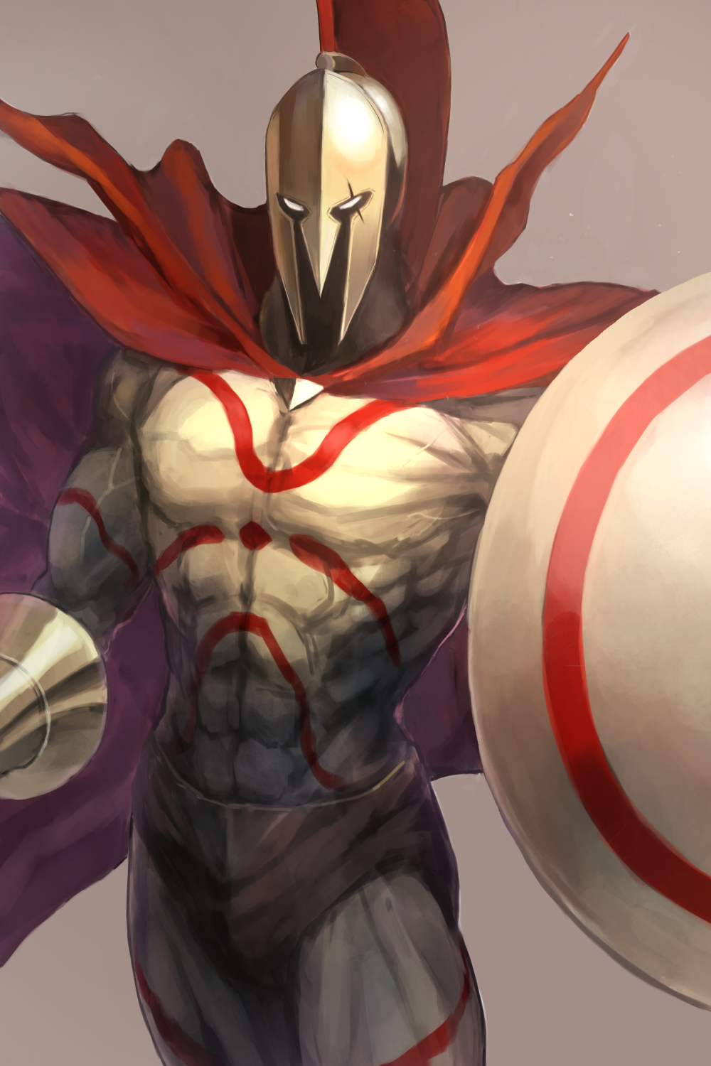 1boy abs body_markings brown_background cape fate_(series) gold helmet highres holding holding_shield holding_weapon kobuta leonidas_(fate/grand_order) light_brown_background muscle red_cape shaded_face shield simple_background solo standing veins weapon