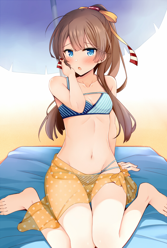 1girl bangs bare_legs bare_shoulders barefoot beach bikini blue_eyes blush breasts brown_hair collarbone commentary_request eyebrows_visible_through_hair hair_ribbon hand_on_own_face kantai_collection kazagumo_(kantai_collection) long_hair looking_at_viewer navel open_mouth outdoors polka_dot ponytail revision ribbon rui_shi_(rayze_ray) sand sarong sitting solo swimsuit umbrella wariza
