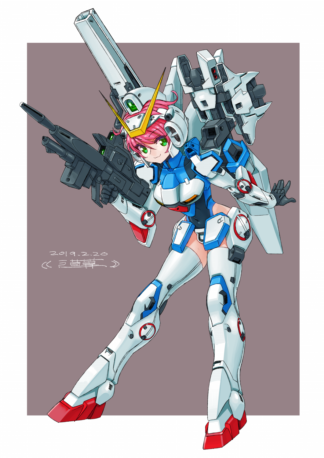 1girl :3 armor commentary_request full_body green_eyes gun gundam highres leotard looking_at_viewer mecha_musume michi_kuso pink_hair short_hair shoulder_cannon simple_background solo thigh-highs v_gundam victory_gundam weapon white_legwear