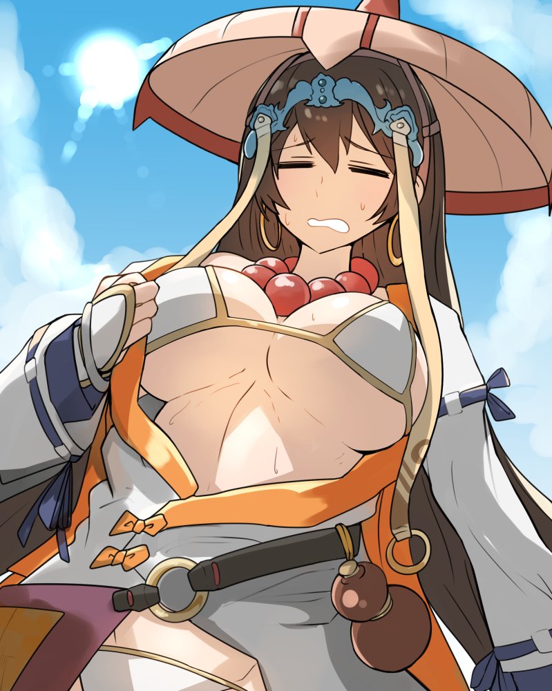 1girl ajirogasa bead_necklace beads bikini blue_sky breasts bridal_gauntlets brown_hair closed_eyes commentary_request earrings fate/grand_order fate_(series) gin_moku gourd hat hoop_earrings hot jewelry large_breasts long_hair necklace sky sweat swimsuit xuanzang_(fate/grand_order)