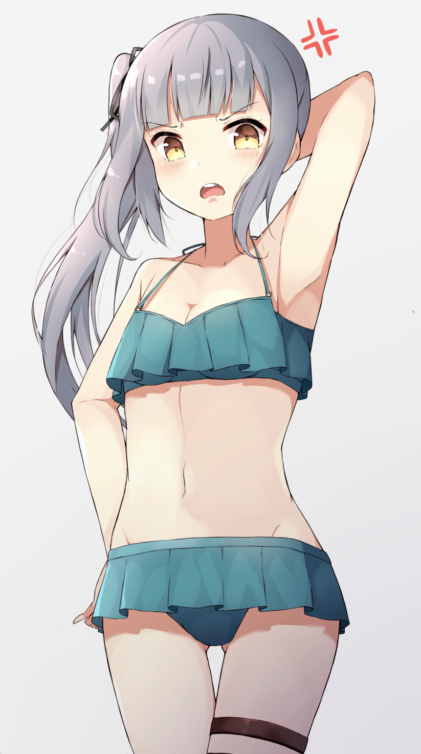 1girl anger_vein arm_up armpits bangs bare_shoulders bikini bikini_skirt black_ribbon blush breasts collarbone commentary_request cowboy_shot eyebrows_visible_through_hair frilled_bikini frills gluteal_fold groin hair_between_eyes hand_on_hip highres kantai_collection kasumi_(kantai_collection) long_hair looking_at_viewer moko_(mokomozi11) navel open_mouth remodel_(kantai_collection) ribbon silver_hair simple_background small_breasts solo standing swimsuit thigh_strap thighs white_background yellow_eyes