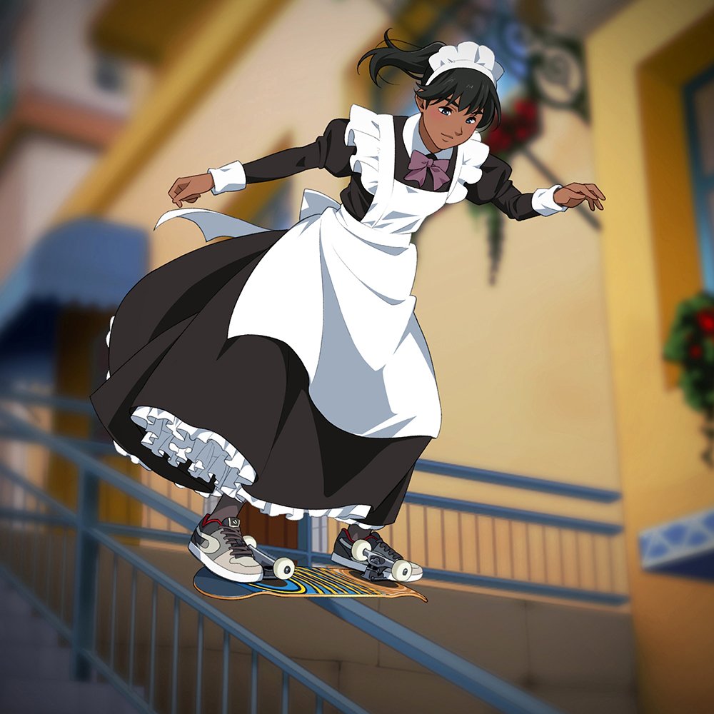 1girl apron black_dress black_hair blurry blurry_background bow bowtie contemporary dark_skin darkslide_grind dress frilled_apron frilled_dress frills grey_eyes grey_legwear grinding long_sleeves maid_apron maid_headdress multicolored_footwear original pantyhose railing shadow shoes short_hair skateboard skateboarding sleeve_cuffs sneakers stairs stairwell suzushiro_(suzushiro333) tagme