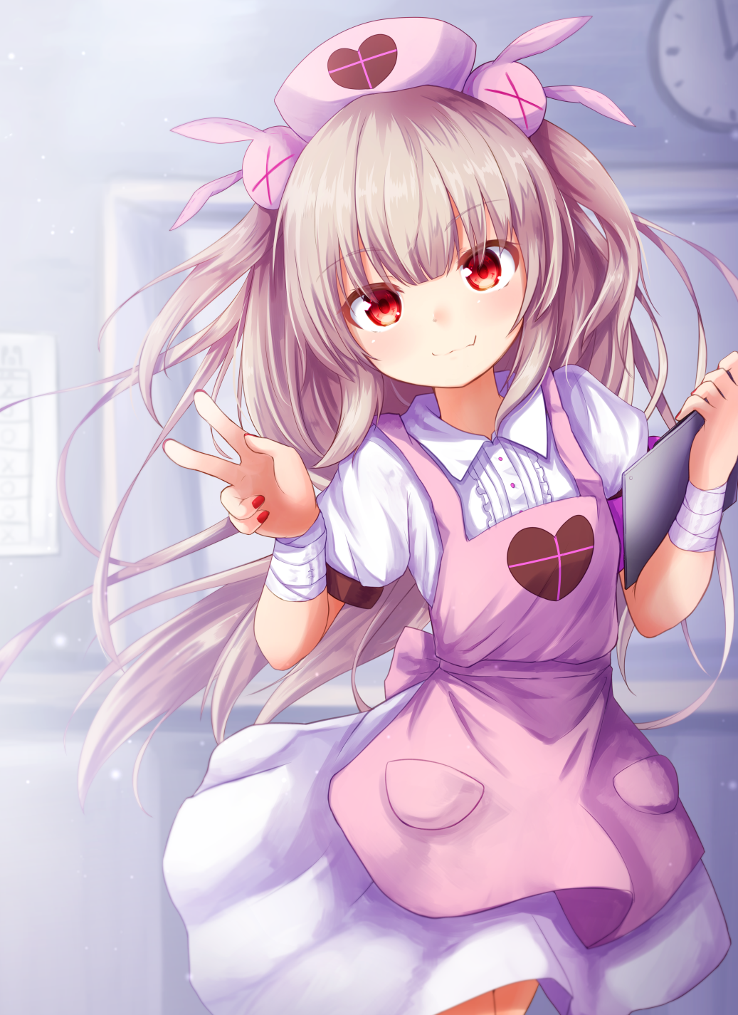 &gt;_&lt; 1girl animal_ears apron bandage bandaged_arm bandages bangs baram blurry blurry_background brown_hair center_frills clock closed_mouth collared_shirt commentary_request depth_of_field eyebrows_visible_through_hair fang fang_out fingernails frills hair_between_eyes hat head_tilt heart highres holding indoors long_hair nail_polish natori_sana nurse_cap pink_apron pink_headwear pleated_skirt rabbit_ears red_eyes red_nails sana_channel shirt skirt smile solo two_side_up very_long_hair virtual_youtuber w wall_clock white_shirt white_skirt