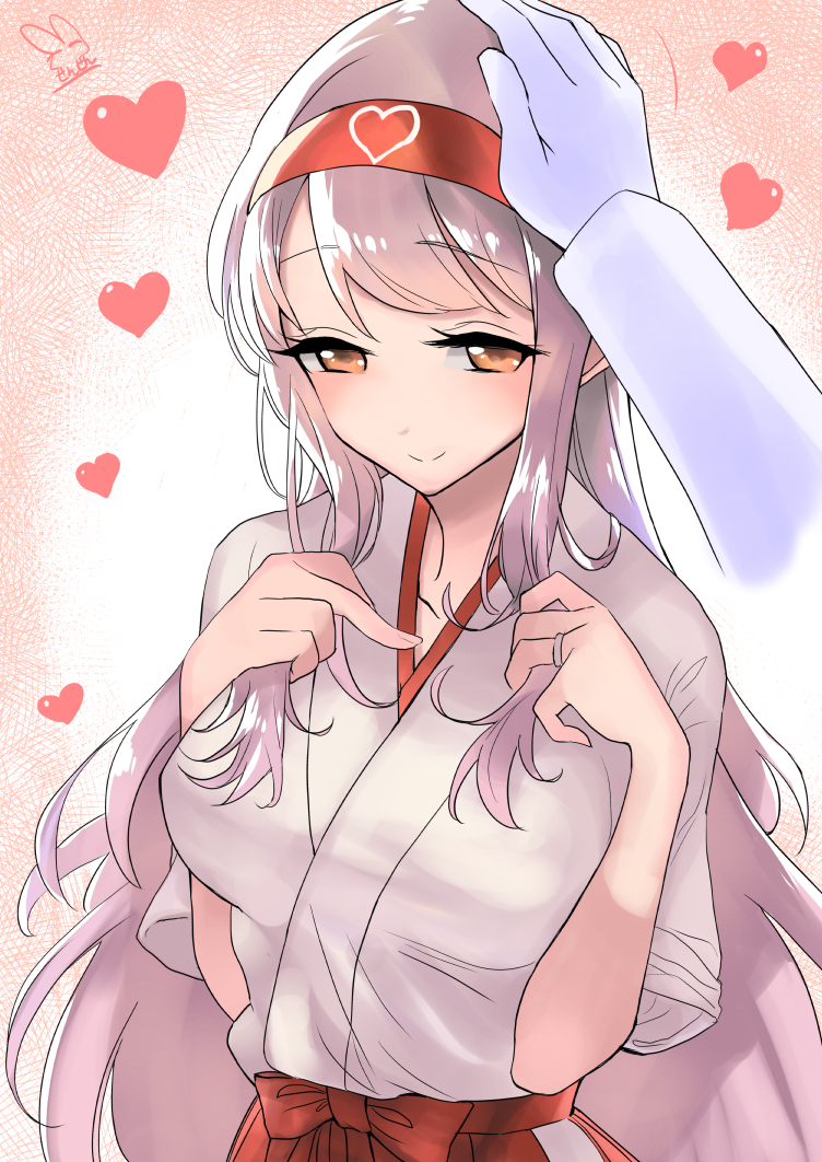 1girl admiral_(kantai_collection) blush breasts closed_mouth eyebrows_visible_through_hair gloves gradient gradient_background hairband hakama hakama_skirt headband japanese_clothes jewelry kantai_collection kimono large_breasts long_hair petting red_hakama ring sensen shoukaku_(kantai_collection) silver_hair smile underwear wedding_band wedding_ring white_gloves white_hair white_kimono