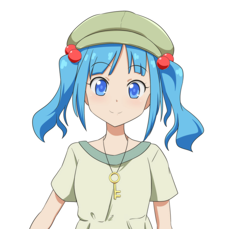 1girl alternate_costume bangs blue_eyes blue_hair blush cabbie_hat cato_(monocatienus) commentary eyebrows_visible_through_hair green_headwear green_shirt hair_bobbles hair_ornament hat jewelry kawashiro_nitori key looking_at_viewer pendant shirt short_hair short_sleeves sidelocks simple_background smile solo touhou twintails upper_body white_background