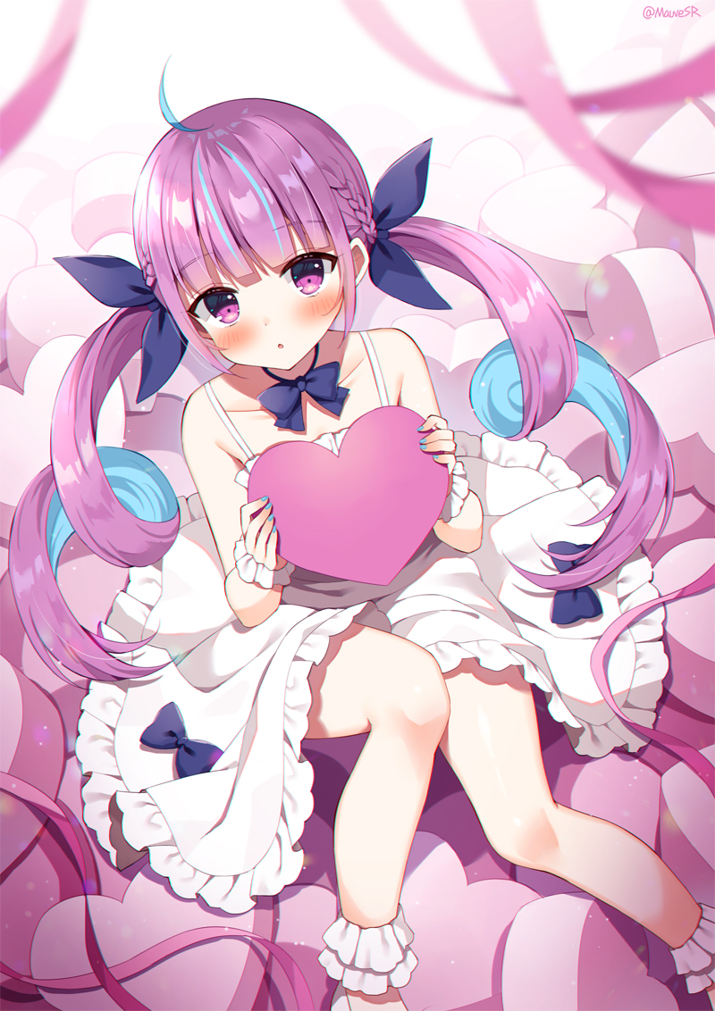 1girl ahoge bare_shoulders blue_hair blue_nails blue_ribbon blush braid commentary_request dress feet_out_of_frame frilled_dress frills hair_ribbon heart holding holding_heart hololive long_hair looking_at_viewer mauve minato_aqua multicolored_hair nail_polish pink_ribbon purple_hair ribbon sitting sleeveless sleeveless_dress solo twintails twitter_username two-tone_hair very_long_hair violet_eyes virtual_youtuber white_dress wrist_cuffs