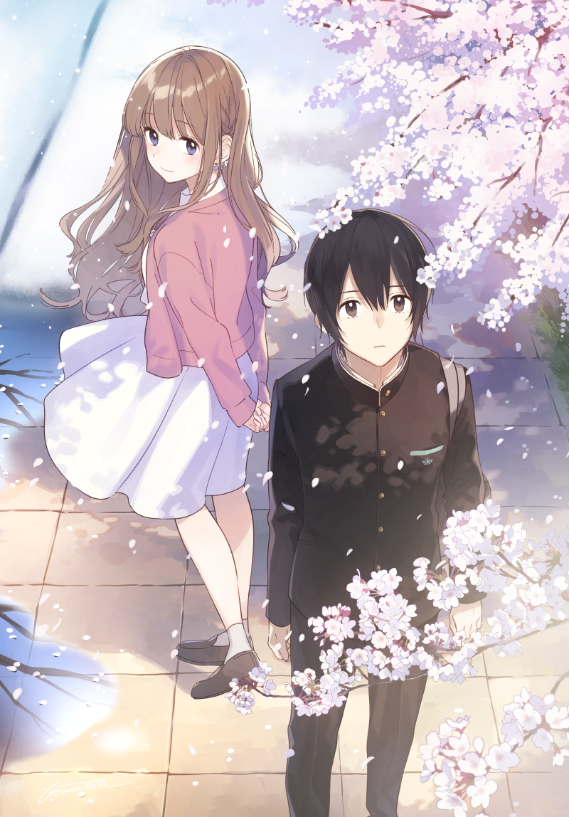 1boy 1girl arms_behind_back black_hair blue_eyes booota brown_eyes brown_hair cherry_blossoms commentary_request cover cover_page dress earrings feet_out_of_frame flower from_above from_side full_body gakuran hello_hello_and_hello jacket jewelry light_smile loafers long_hair long_sleeves looking_at_viewer looking_back novel_cover official_art outdoors petals pink_jacket puddle school_uniform shoes socks spring_(season) standing tile_floor tiles water white_dress