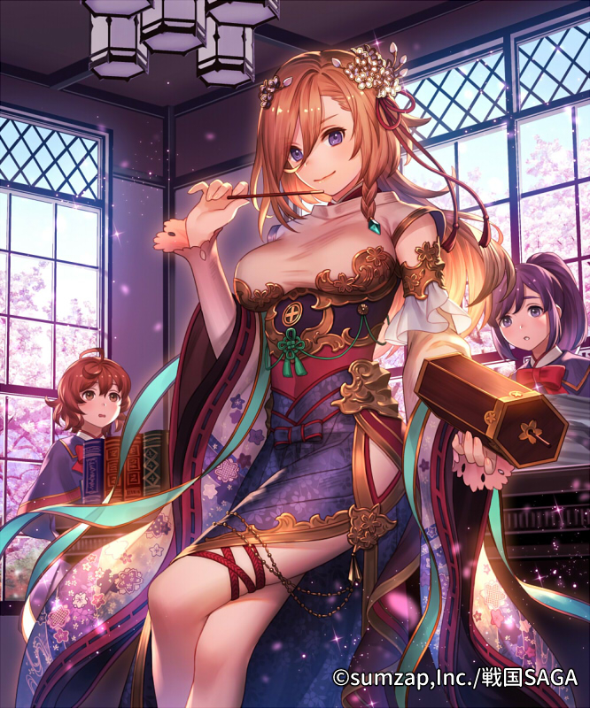 3girls book braid breasts brown_hair cherry_blossoms company_name copyright_name day detached_sleeves dress esukee flower hair_between_eyes hair_flower hair_ornament hand_up holding indoors large_breasts legs_crossed long_hair long_sleeves looking_at_viewer multiple_girls official_art omikuji ponytail purple_hair ribbon-trimmed_sleeves ribbon_trim sengoku_saga side_braid solo_focus thigh_strap violet_eyes wide_sleeves window