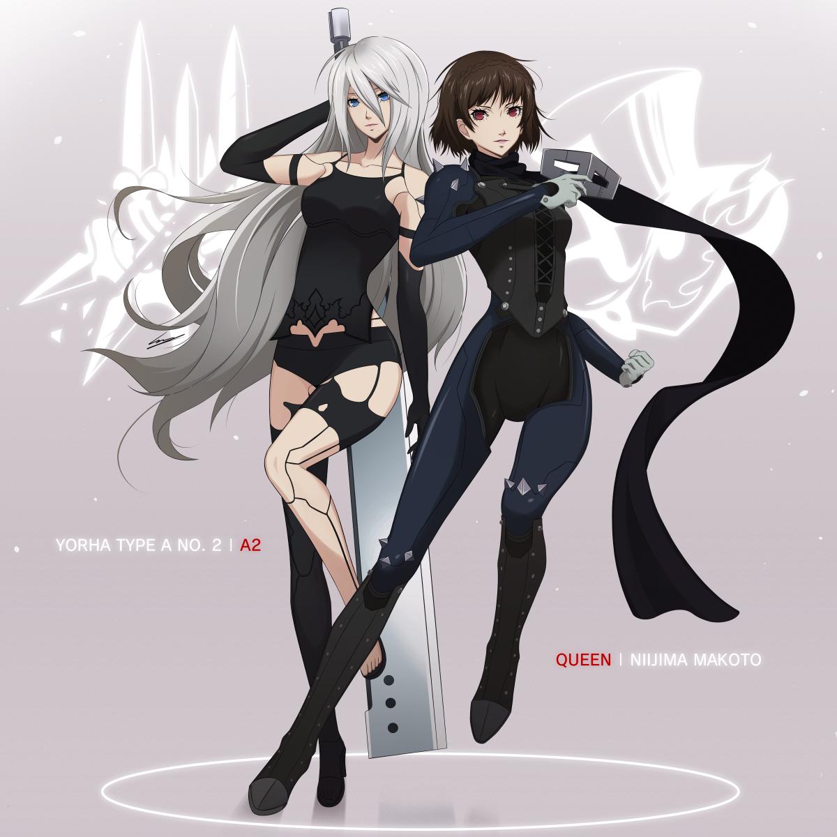 2girls android armlet biker_clothes black_gloves black_shorts bodysuit braid brown_hair cheryl_anne crown_braid full_body gloves highres long_hair mole mole_under_mouth multiple_girls nier_(series) nier_automata niijima_makoto persona persona_5 red_background red_eyes robot_joints short_hair short_shorts shorts shoulder_spikes silver_hair simple_background spikes tank_top yorha_type_a_no._2