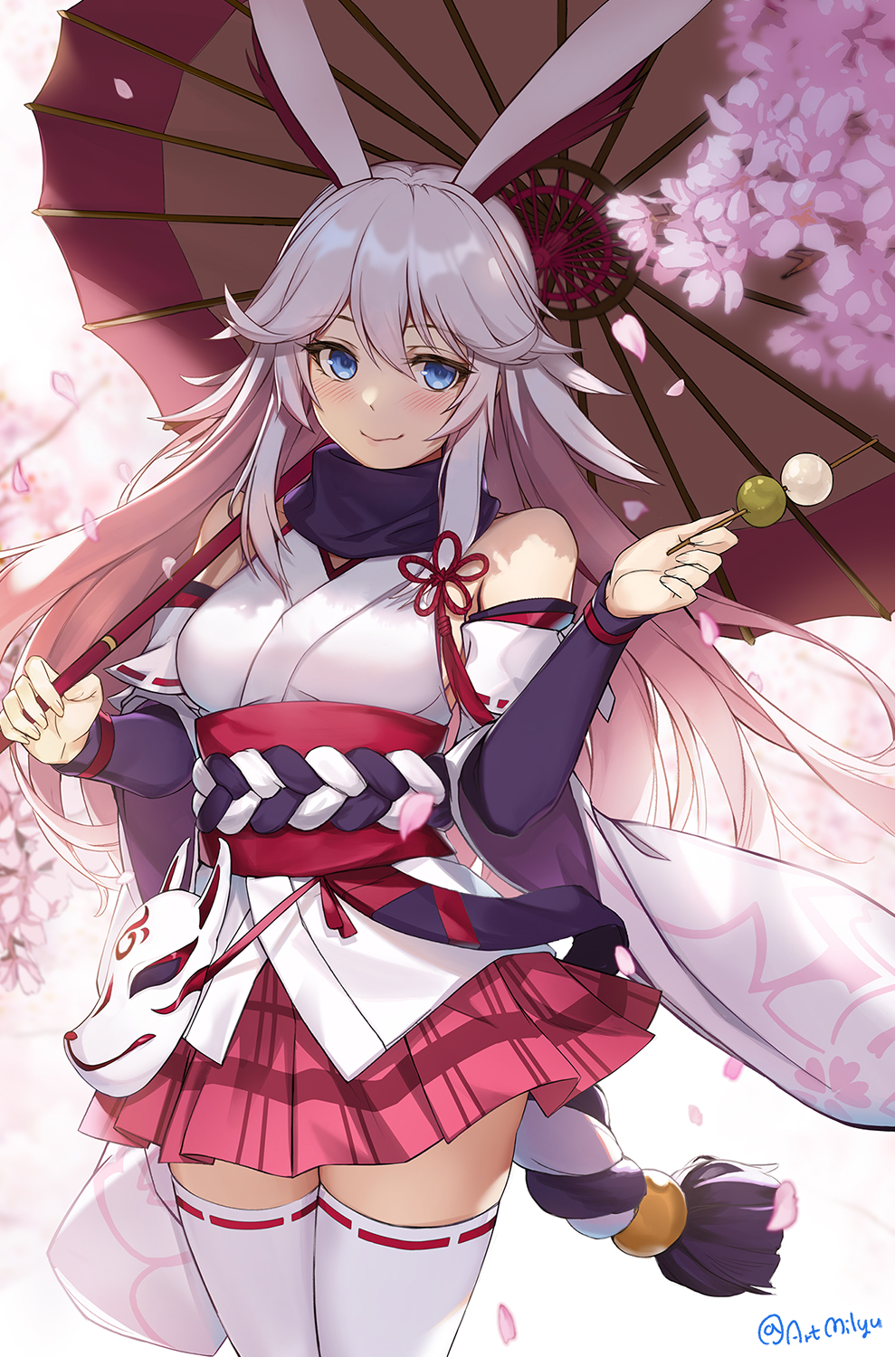 animal_ears bangs bare_shoulders black_scarf blue_eyes blush breasts cherry_blossoms closed_mouth cowboy_shot detached_sleeves eyebrows_visible_through_hair fox_mask hair_between_eyes highres holding holding_umbrella honkai_(series) honkai_impact_3 japanese_clothes kimono long_hair long_sleeves looking_at_viewer mask medium_breasts milyu miniskirt obi oriental_umbrella panties parasol petals pink_skirt plaid plaid_skirt red_ribbon ribbon ribbon-trimmed_legwear ribbon-trimmed_sleeves ribbon_trim rope sash scarf short_kimono silver_hair skirt smile spring_(season) tassel thigh-highs twitter_username umbrella underwear very_long_hair white_kimono white_legwear wide_sleeves yae_sakura zettai_ryouiki