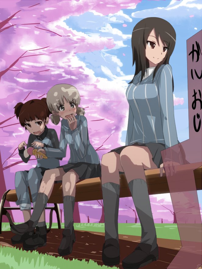 3girls aki_(girls_und_panzer) ankle_boots arm_support bangs bench blue_footwear blue_headwear blue_jacket blue_pants blue_shirt blue_skirt blue_sky blush boots brown_eyes brown_hair cherry_blossoms closed_mouth clouds cloudy_sky commentary day dress_shirt eyebrows_visible_through_hair food frown girls_und_panzer green_eyes grey_legwear grey_skirt hair_tie hand_to_own_mouth holding holding_food ice_cream_cone jacket keizoku_military_uniform keizoku_school_uniform leaning_forward light_brown_hair loafers long_hair long_sleeves looking_at_another mika_(girls_und_panzer) mikko_(girls_und_panzer) military military_uniform miniskirt multiple_girls open_mouth oshiru_(sealeu) outdoors pants pants_rolled_up pants_under_skirt park_bench pleated_skirt raglan_sleeves red_eyes redhead school_uniform see-through shirt shoes short_hair short_twintails silhouette sitting skirt sky smile socks spilling striped striped_shirt sweatdrop track_jacket track_pants tree twintails uniform vertical-striped_shirt vertical_stripes white_shirt