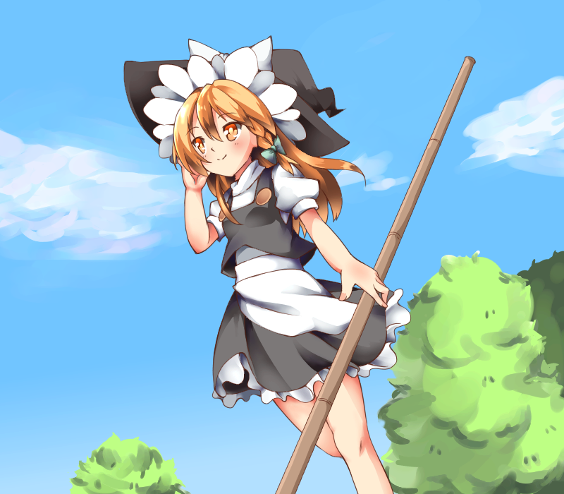 1girl apron bamboo_broom black_skirt black_vest blonde_hair blue_sky blush braid bright_pupils broom clouds cycloneyukari day dutch_angle feet_out_of_frame fingernails from_below hand_in_hair hat high_collar holding holding_broom kirisame_marisa long_hair looking_away orange_eyes outdoors petticoat puffy_short_sleeves puffy_sleeves shirt short_sleeves single_braid skirt sky smile solo standing standing_on_one_leg touhou tree vest waist_apron white_shirt wind witch_hat