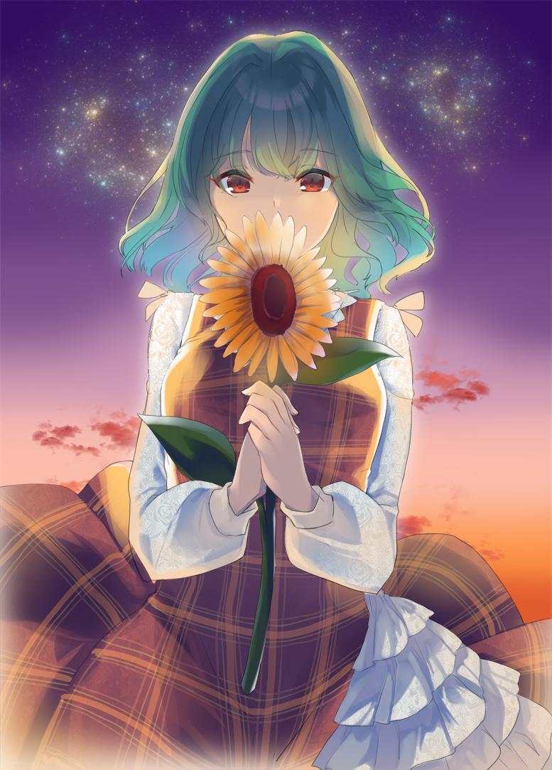 1girl adapted_costume aqua_hair backlighting bangs clouds colored_eyelashes covering_mouth cowboy_shot dress eyebrows_visible_through_hair eyes_visible_through_hair floating_clothes floating_hair floral_print flower frilled_dress frills gradient_sky green_hair hair_between_eyes haya_taro_pochi holding holding_flower kazami_yuuka layered_dress long_sleeves looking_at_viewer medium_hair night night_sky orange_sky plaid plaid_dress purple_sky red_clouds red_pupils reflective_eyes rose_print shiny shiny_hair side_slit sky sleeveless sleeveless_dress slit_pupils solo star_(sky) starry_sky sunflower sunset touhou twilight white_dress