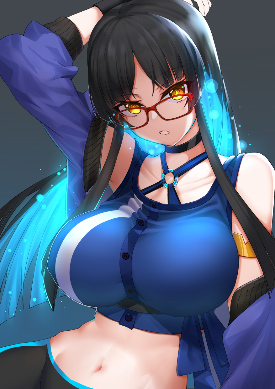 1girl :o arm_up armlet armpits bangs bare_shoulders black_choker black_hair black_shorts blue_hair blue_jacket blue_shirt breasts choker collarbone criss-cross_halter crop_top cropped_jacket erect_nipples glasses gloves glowing glowing_hair gradient gradient_background groin halterneck highres jacket large_breasts long_hair long_sleeves looking_at_viewer midriff multicolored_hair navel open_clothes open_jacket open_mouth original red-framed_eyewear revision shirt shorts sidelocks sleeveless sleeveless_shirt solo stomach tank_top two-tone_hair upper_body white_gloves xiujia_yihuizi yellow_eyes