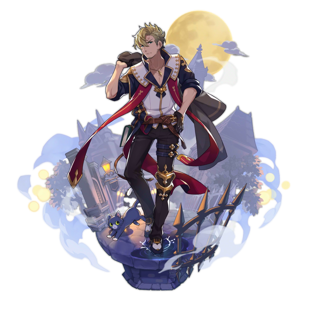 1boy backlighting belt blonde_hair book cat curran_(dragalia_lost) dragalia_lost facial_hair full_moon gloves hand_on_hip jacket_on_shoulders looking_at_viewer male_focus moon non-web_source official_art puddle saitou_naoki solo transparent_background