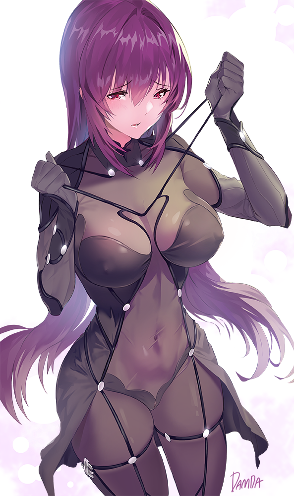 1girl artist_name bangs blush bodysuit breasts covered_navel damda fate/grand_order fate_(series) hair_between_eyes large_breasts long_hair looking_at_viewer purple_bodysuit purple_hair red_eyes scathach_(fate)_(all) scathach_(fate/grand_order) signature solo thighs