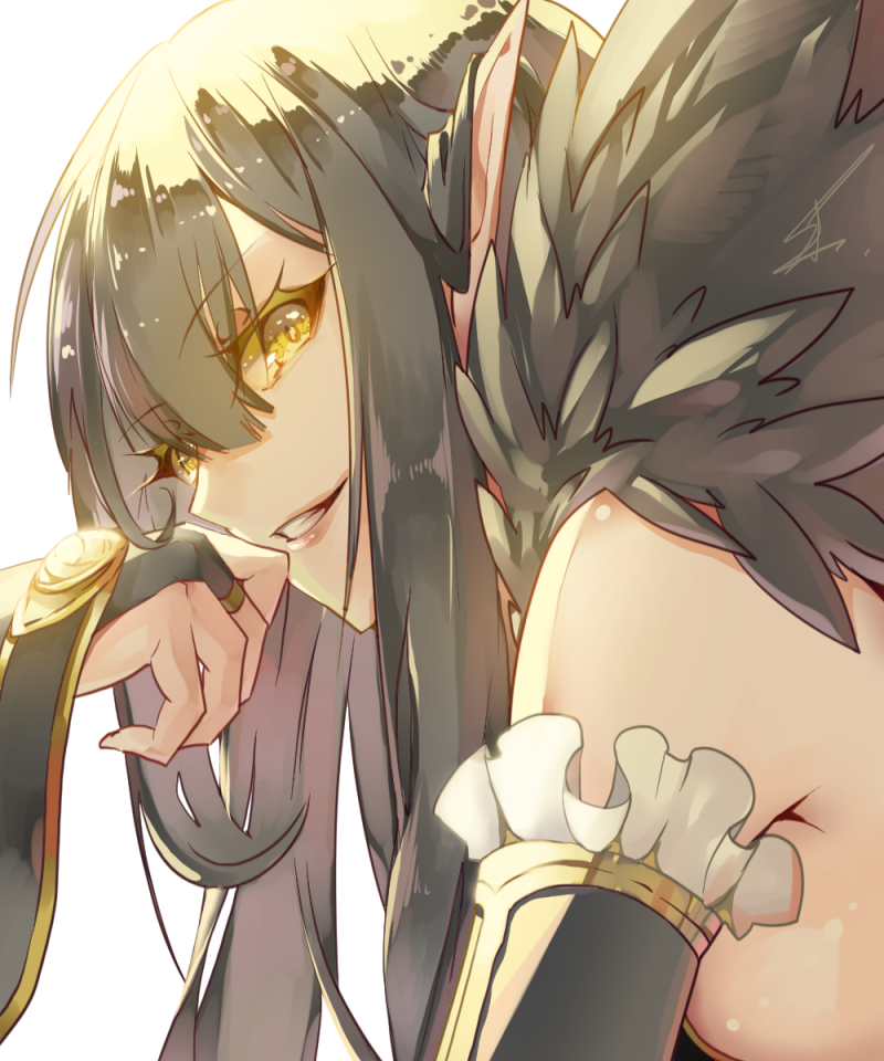 1girl backless_outfit bare_shoulders black_dress black_hair bridal_gauntlets close-up commentary_request detached_sleeves dress eyelashes face fate/apocrypha fate/grand_order fate_(series) feather_trim feathers frills from_side fur_trim hand_to_own_mouth long_dress long_hair looking_to_the_side pointy_ears saihate_(d3) semiramis_(fate) smile smirk solo turning_head yellow_eyes