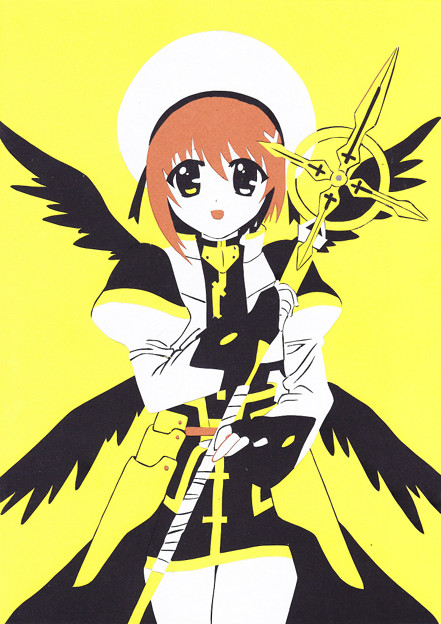 1girl aru_(photozou) brown_hair fingerless_gloves flat_color gloves hair_ornament hat heterochromia kirigami long_sleeves looking_at_viewer lyrical_nanoha magical_girl open_mouth paper_cutout_(medium) papercraft short_hair smile solo solo_focus thighs traditional_media waist_cape white_headwear wings x_hair_ornament yagami_hayate