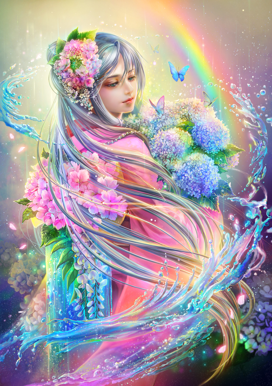 1girl aqua_eyes beads bouquet bug butterfly fantasy flower from_side fukami_kazuha hair_beads hair_bun hair_flower hair_ornament hair_tubes highres holding holding_bouquet hydrangea insect japanese_clothes kimono light_smile lips long_hair looking_away looking_to_the_side original petals pink_kimono rain rainbow realistic silver_hair solo sparkle very_long_hair water wisteria