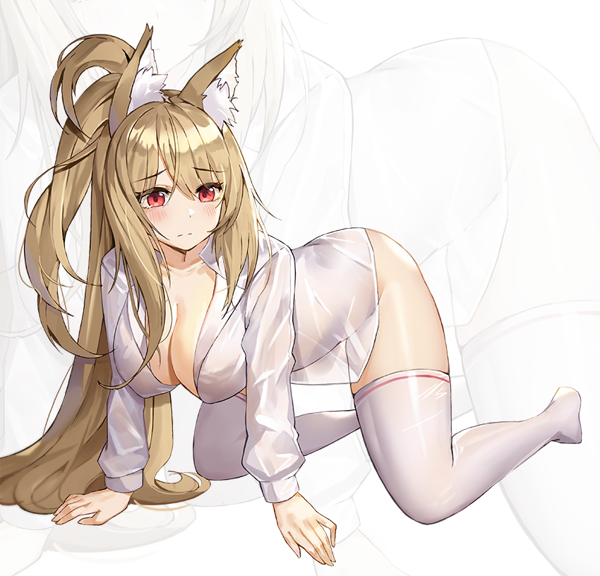 1girl all_fours animal_ear_fluff animal_ears blonde_hair blush breasts cleavage closed_mouth collarbone collared_shirt commission dress_shirt eto_(nistavilo2) fox_ears large_breasts long_hair long_sleeves looking_at_viewer naked_shirt no_shoes one_side_up open_clothes open_shirt original red_eyes shirt solo thigh-highs thighs very_long_hair white_legwear white_shirt zoom_layer