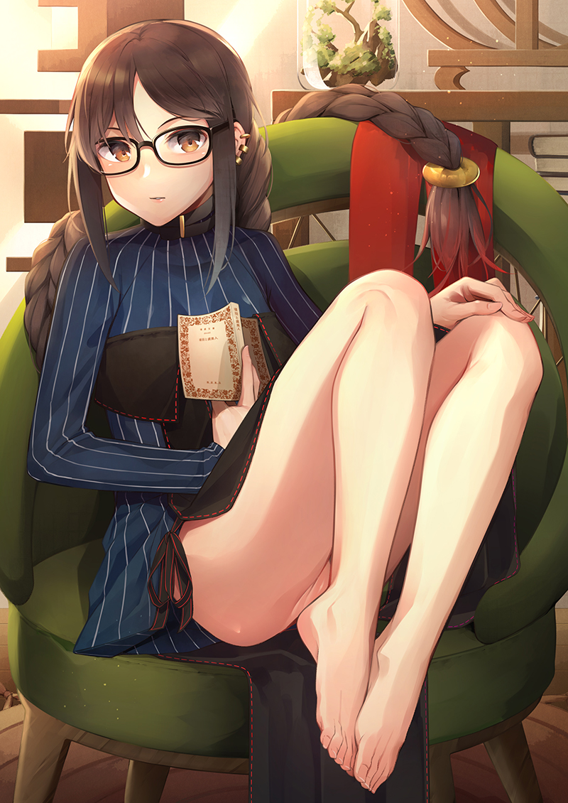 1girl bangs barefoot black-framed_eyewear black_dress blue_dress bonsai book braid breasts brown_eyes brown_hair chair commentary_request consort_yu_(fate) dress ear_piercing earrings fate/grand_order fate_(series) feet glasses jar jewelry knees_up layered_dress legs long_hair long_sleeves looking_at_viewer multiple_earrings parted_lips piercing plant ribbed_dress single_braid sitting solo strapless strapless_dress turtleneck turtleneck_dress umihotaru_harumare very_long_hair