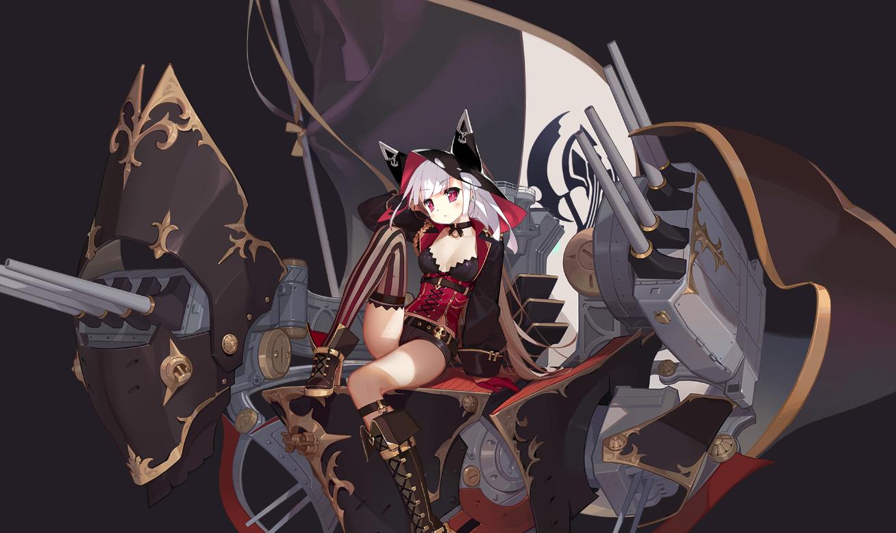 1girl anchor_symbol arm_up asymmetrical_footwear asymmetrical_legwear azur_lane baburushikikan bangs belt black_belt black_jacket black_shorts boots breasts brown_footwear character_name cleavage closed_mouth commentary_request cross-laced_footwear earrings edited epaulettes erebus_(azur_lane) feet_out_of_frame flag full_body gloves half_gloves hat head_tilt high_heels jacket jean_bart_(azur_lane) jewelry lace-up_boots long_hair long_sleeves looking_at_viewer machinery medium_breasts ponytail puffy_long_sleeves puffy_sleeves red_eyes red_gloves short_shorts shorts single_knee_boot single_thighhigh sitting skull striped striped_legwear thigh-highs thighs third-party_edit transparent_background turret vertical-striped_legwear vertical_stripes white_hair