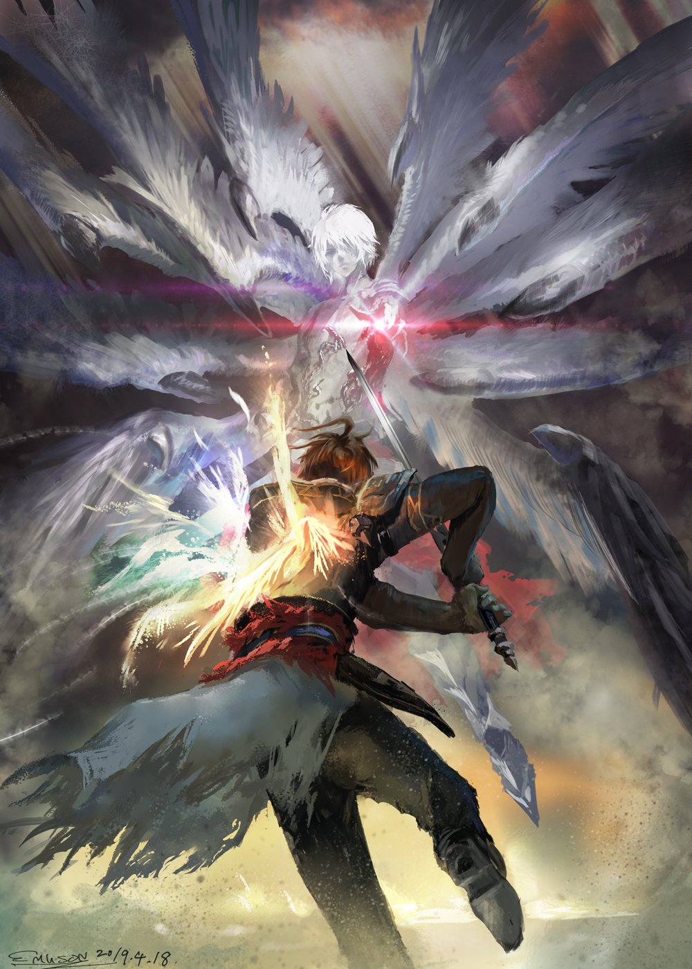 2boys armor blue_eyes brown_hair emuson gloves granblue_fantasy hair_between_eyes highres hood hood_down lucilius_(granblue_fantasy) male_focus multiple_boys multiple_wings red_eyes sandalphon_(granblue_fantasy) seraph short_hair shoulder_armor white_hair wings