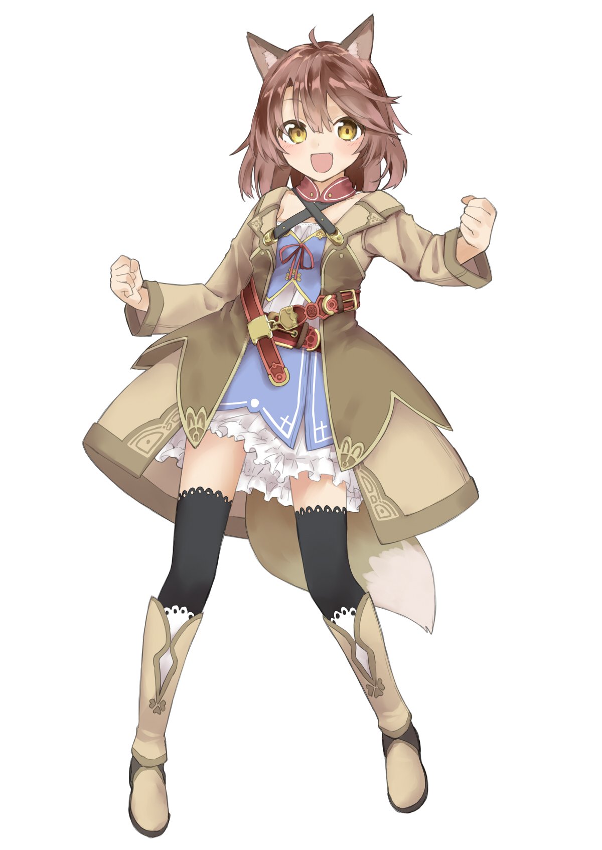1girl :d amane_rosylily animal_ear_fluff animal_ears bangs belt belt_buckle black_legwear blush boots brown_belt brown_coat brown_eyes brown_footwear brown_hair buckle clenched_hands coat collarbone commentary_request criss-cross_halter dress eyebrows_visible_through_hair fang fox_ears fox_girl fox_tail full_body halterneck highres knee_boots long_sleeves looking_at_viewer open_clothes open_coat open_mouth original sekira_ame simple_background smile solo standing tail thigh-highs white_background white_dress