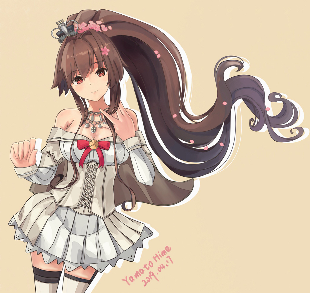 1girl brown_hair cake_no_shaberu cherry_blossoms corset cosplay cowboy_shot crown dated dress flower garter_straps hair_flower hair_ornament hairband kantai_collection long_hair long_sleeves looking_at_viewer mini_crown off-shoulder_dress off_shoulder orange_background ponytail red_flower red_ribbon red_rose ribbon rose simple_background solo thigh-highs warspite_(kantai_collection) warspite_(kantai_collection)_(cosplay) white_dress white_legwear yamato_(kantai_collection)