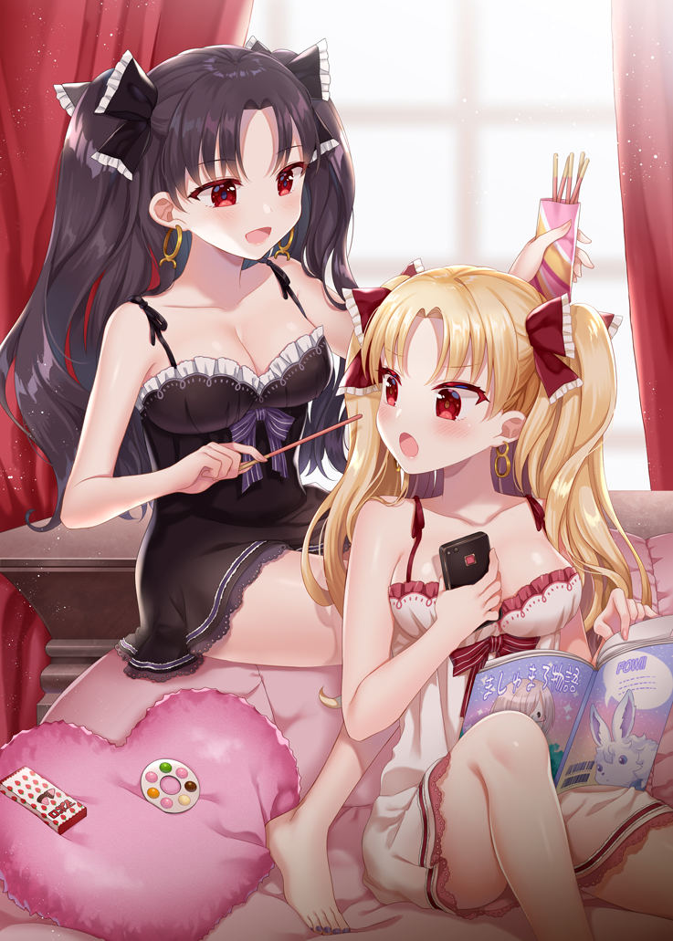 2girls :d :o bangs bare_arms bare_shoulders barefoot black_dress black_hair black_ribbon blonde_hair blush book breasts cellphone cleavage collarbone curtains dress earrings ereshkigal_(fate/grand_order) fate/grand_order fate_(series) food frilled_dress frills hair_ribbon heart heart_pillow holding holding_phone hoop_earrings indoors ishtar_(fate/grand_order) jewelry large_breasts light_particles long_hair multiple_girls naomi_(fantasia) open_book open_mouth parted_bangs phone pillow pocky red_eyes red_ribbon ribbon sitting smile spaghetti_strap two_side_up white_dress window