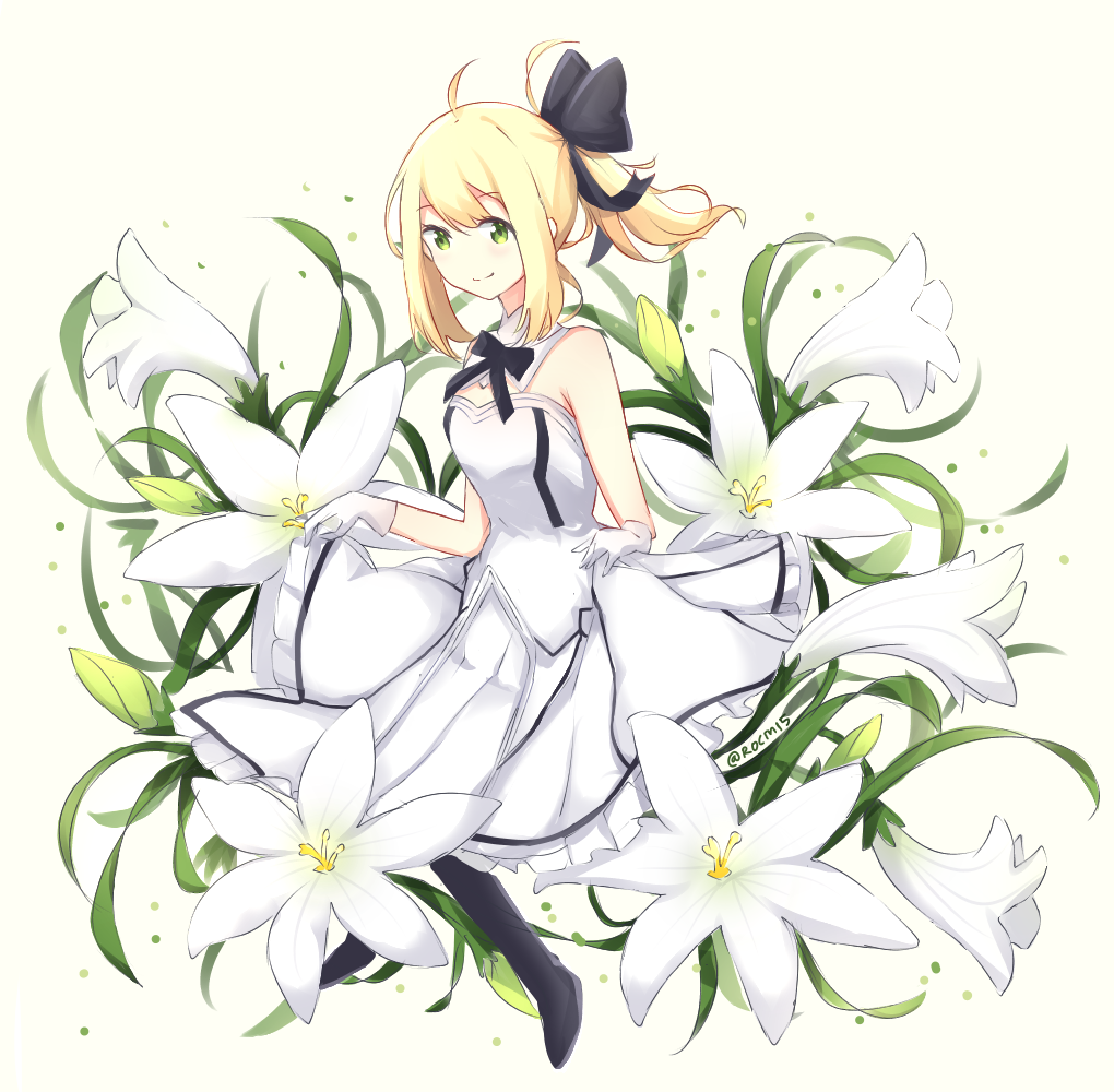 1girl artoria_pendragon_(all) bangs bare_shoulders black_bow black_footwear blonde_hair blush boots bow breasts brown_background closed_mouth collar commentary detached_collar dress eyebrows_visible_through_hair fate/unlimited_codes fate_(series) flower frilled_dress frills gloves green_eyes hair_between_eyes hair_bow ponytail rocm_(nkkf3785) saber_lily sidelocks skirt_hold small_breasts smile solo strapless strapless_dress twitter_username white_collar white_dress white_flower white_gloves