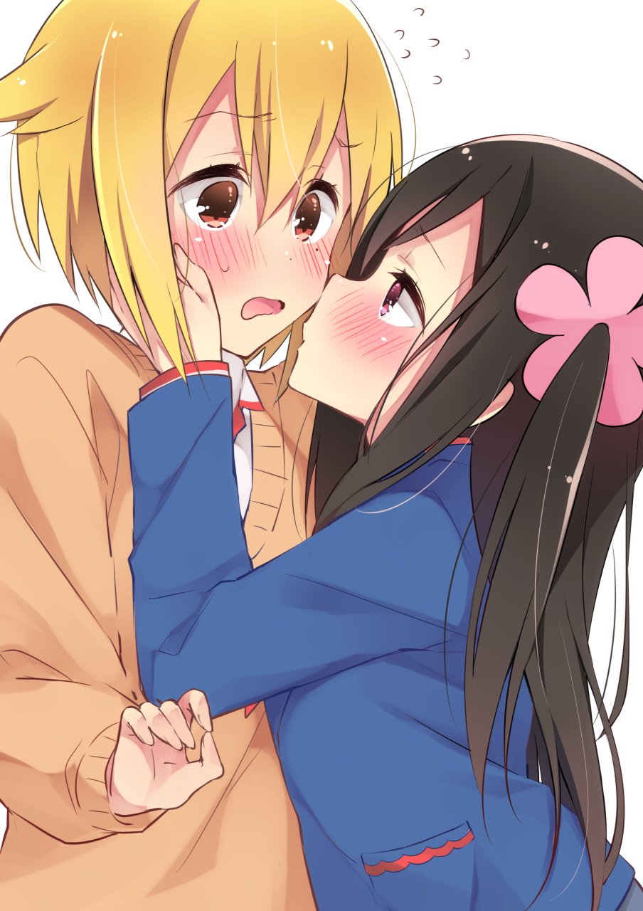 2girls blazer blonde_hair blue_jacket blush brown_hair commentary_request eye_contact flower hair_flower hair_ornament hand_on_another's_cheek hand_on_another's_face highres hitori_bocchi hitoribocchi_no_marumaru_seikatsu imminent_kiss jacket long_hair long_sleeves looking_at_another mole mole_under_eye multiple_girls pink_eyes school_uniform short_hair side_ponytail simple_background sk02 sunao_nako sweatdrop sweater white_background yuri