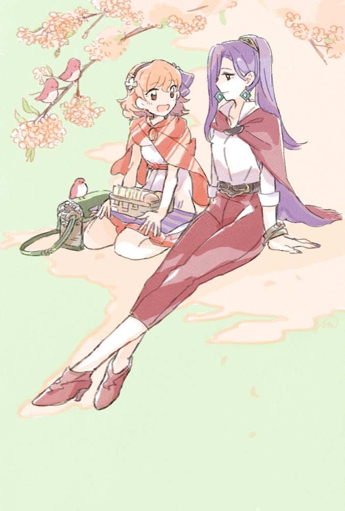 2girls bird curly_hair dress earrings fire_emblem fire_emblem_echoes:_mou_hitori_no_eiyuuou hairband high_heels jenny_(fire_emblem) jewelry long_hair multiple_girls murabito_ba necklace nintendo open_mouth pants pink_hair purple_hair red_eyes redhead short_hair simple_background smile sonia_(fire_emblem_gaiden) violet_eyes