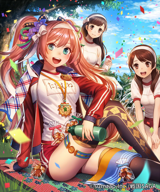 3girls :d aqua_eyes argyle argyle_legwear arm_support bag black_legwear blanket blue_sky bottle bow brown_eyes brown_hair buruma clothes_writing company_name confetti cookie copyright_name day esukee flower food grass gym_uniform hair_bow hair_flower hair_ornament hairband holding holding_bottle jacket knee_up leaning_forward long_hair long_sleeves looking_at_viewer medal multiple_girls name_tag official_art open_mouth outdoors plastic_bag red_buruma red_jacket redhead sengoku_saga shirt short_sleeves sitting sky smile thigh-highs thigh_strap towel track_jacket tree twintails white_shirt