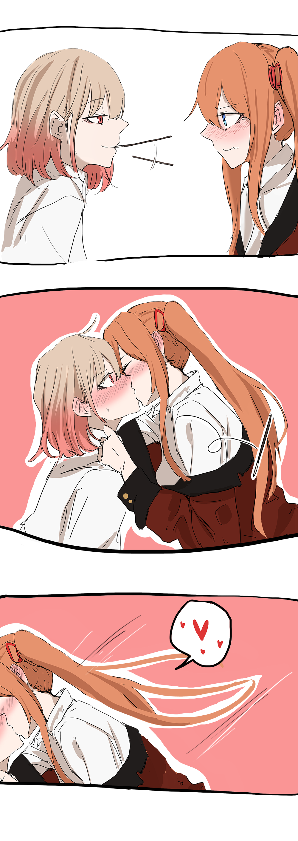 2girls 3koma absurdres blue_eyes blush brown_hair comic embarrassed food gentiane_(girls_frontline) girls_frontline glomp highres hug kalina_(girls_frontline) kiss military military_uniform mmm_(ji1945) multicolored_hair multiple_girls orange_hair pink_hair pocky pocky_kiss red_eyes shared_food surprise_kiss surprised uniform yuri