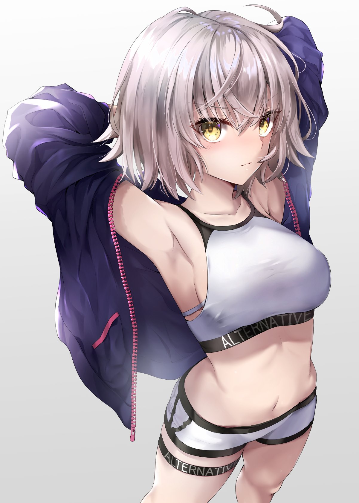 1girl ahoge armpits arms_behind_head bangs blush boyshorts breasts clothes_writing eyebrows_visible_through_hair fate/grand_order fate_(series) gradient gradient_background grey_background hane_yuki highres jacket jeanne_d'arc_(alter)_(fate) jeanne_d'arc_(fate)_(all) large_breasts long_sleeves looking_at_viewer navel off_shoulder open_clothes open_jacket purple_jacket serious short_hair sidelocks silver_hair simple_background solo sports_bra sportswear standing stomach stretch thigh_strap tsurime unzipped yellow_eyes zipper